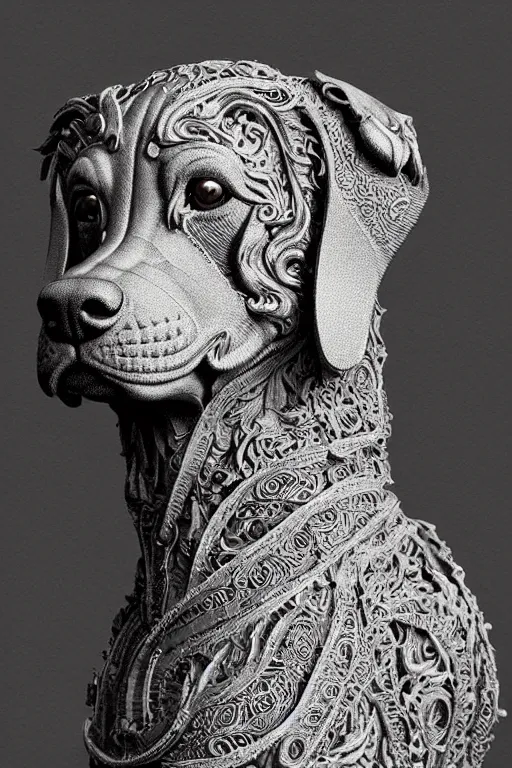 Image similar to Dog as a god, detailed face, statue, gorgeous, Delicate and intricate borders for decoration, amazing, flowing hair, muscular, fit, very muscular male body, crepuscular ray, intricate, highly detailed, 8K, digital painting, artstation, concept art, sharp focus, over-shoulder shot, illustration, art by greg rutkowski beeple and alphonse mucha