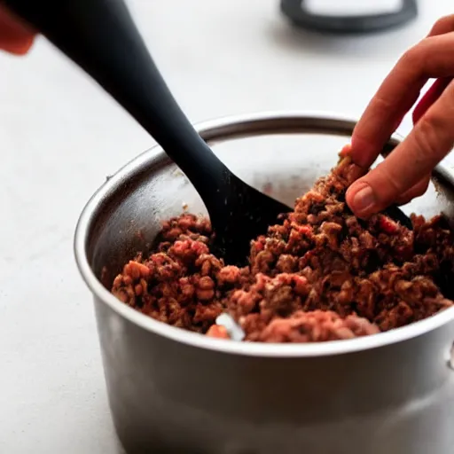 Prompt: a pot full of mince being mixed up by hands, pov, 4 k