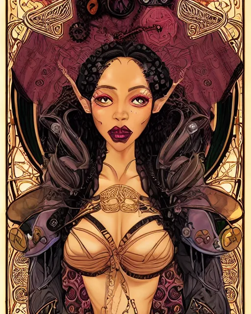 Prompt: a detailed portrait illustration of a steampunk mage - courtesan. beautiful black female face. art nouveau, pop art, comic book style. influenced by neil gaiman, h. p. lovecraft, dan mumford, brian froud, julie bell, killian eng, ross tran.