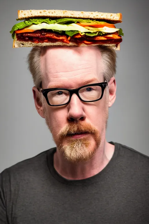 Image similar to 📷 portrait of adam savage the sandwich, made of food, still image, dynamic lighting, 4 k