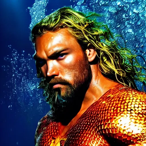 Prompt: aquaman in emotional movement, underwater photography and light scattering, water refractions turned out impressive imho,