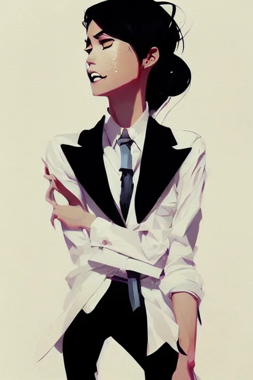 Image similar to a ultradetailed beautiful panting of a stylish woman, she is wearing a white shirt with a tie and black pants, by conrad roset, greg rutkowski and makoto shinkai trending on artstation