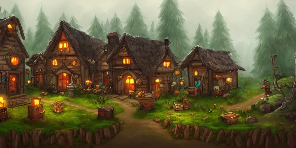 Prompt: village in the woods with an apothecary shop, ominous mist, high quality masterpiece acclaimed 2 d platformer, artstation