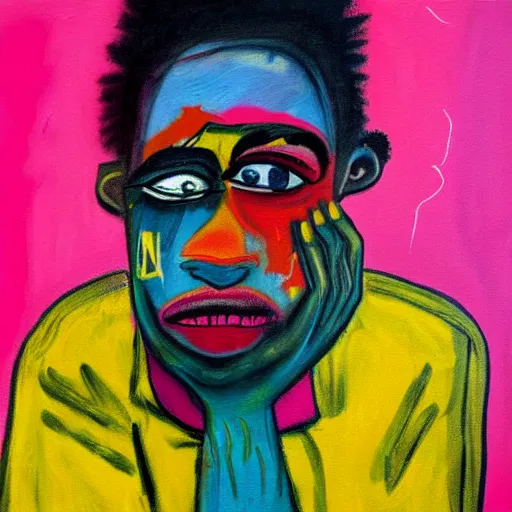 Image similar to pink and yellow and red detailed neo expressionism oil painting of sad boy rapper crying with tattoos by basquiat