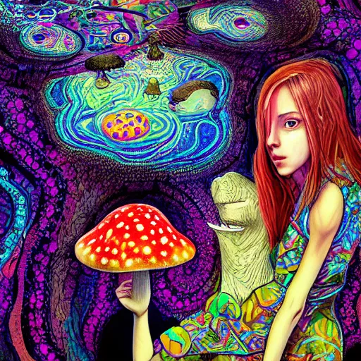 Prompt: girl with mushrooms, expressive digital art, psychedelic, lsd, by yoshitaka amano, by dan mumford, close - up portrait, trending on artstation, 4 k