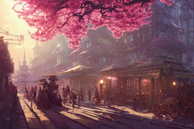 Image similar to steampunk city, cherry blossoms, unreal engine, fantasy art by greg rutkowski, loish, rhads, ferdinand knab, makoto shinkai and lois van baarle, ilya kuvshinov, rossdraws, tom bagshaw, global illumination, radiant light, detailed and intricate environment