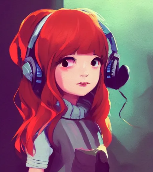 Image similar to beautiful little girl character inspired by 9 0's fashion and by madeline from celeste, art by rossdraws, wlop, ilya kuvshinov, artgem lau, sakimichan and makoto shinkai, concept art, headphones, anatomically correct, extremely coherent, realistic, hd