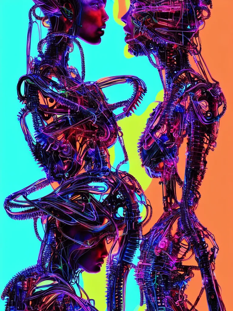 Prompt: Portrait of Adriana Lima and Sara Sampaio wearing epic bionic cyborg implants of diferent neon colors, hr giger biomech cables connected to head, voluptuous figure, by Dan Mumford and Naoto Hattori, extremely beautiful and proportionate face, in the aesthetic of mert and marcus, masterpiece, intricate, elegant futuristic wardrobe, highly detailed, digital painting, artstation, concept art, crepuscular rays, smooth, sharp focus, illustration, background is made of stars and vibrant space nebula, cyberpunk vibrant colors, volumetric lighting, art by artgerm and james jean and Nick Sullo