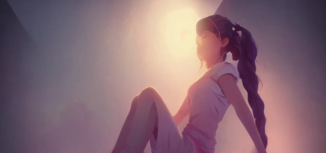 Prompt: Young Himalayan woman leaning against a wall | night time scene, plain walls |somber, white eyes, long messy hair | gentle lighting, futuristic, dim lighting, digital art by Makoto Shinkai ilya kuvshinov and Wojtek Fus, digital art, concept art,