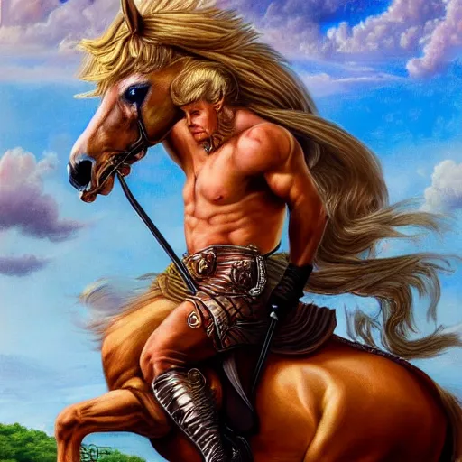 Prompt: a detailed fantasy character portrait of Donald Trump as a Centaur king of arts by lauri blank, artgerm, evelyn de morgan, 8K, 50mm lens