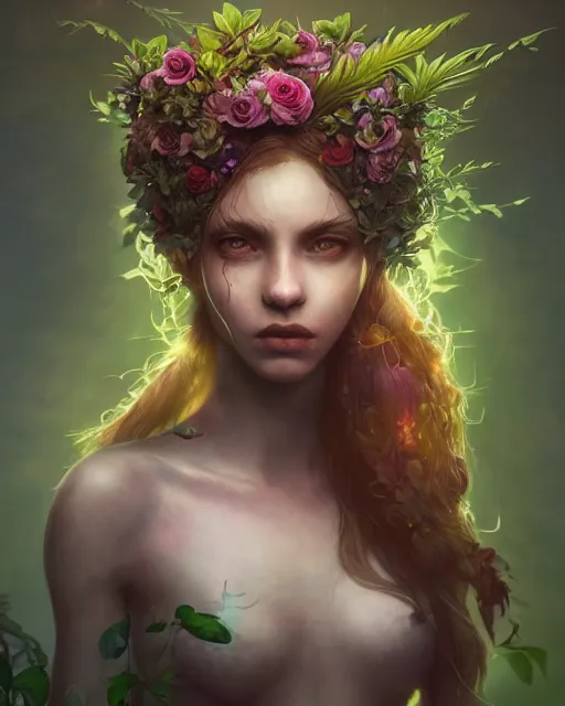 Image similar to epic professional digital image of a hybrid girl of plants and flowers, fox digs, reina rachin, ignacio fernandez rios, leesha hannigan, wayne haag, artstation, cgsocietywlop, epic, a lot of wow, a lot of detail, gorgeous, detailed, cinematic, masterpiece