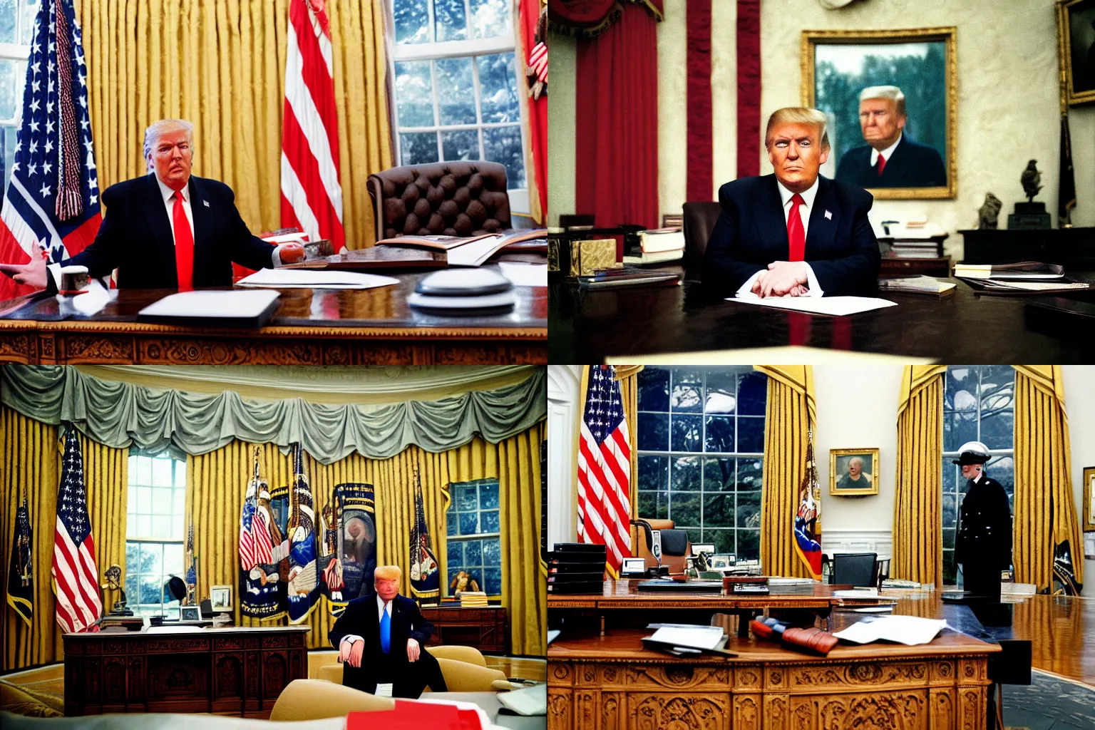 Prompt: color portrait photograph close up of Donald Trump wearing Reichsstaffelführer outfit sitting at marble office table, inside an oval office designed by architect Marcello Piacentini, in the background large american flag banners, off-camera flash, canon 24mm f11 aperture, Ektachrome color photograph