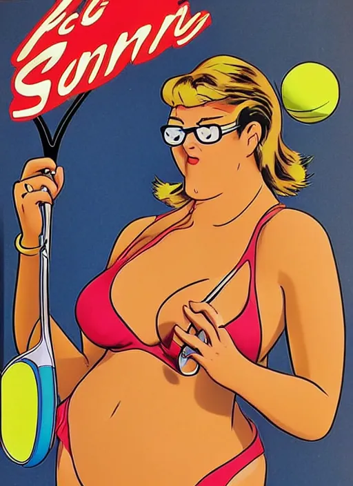 Image similar to a pin - up poster of peter griffin in the style of hajime sorayama, seductively playing tennis in a swimsuit
