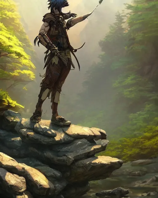 Prompt: an anthropomorphic wolf warrior standing heroically on a rock. Adventurous, new adventure, forest, rocks, stream, ripples, atmospheric lighting, stunning, brave. By Makoto Shinkai, Stanley Artgerm Lau, WLOP, Rossdraws, James Jean, Andrei Riabovitchev, Marc Simonetti, krenz cushart, Sakimichan, D&D trending on ArtStation, digital art.