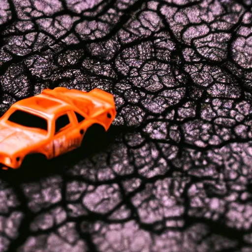 Image similar to macro photography of a toy hot wheels car driving through a forest fire, 3 5 mm