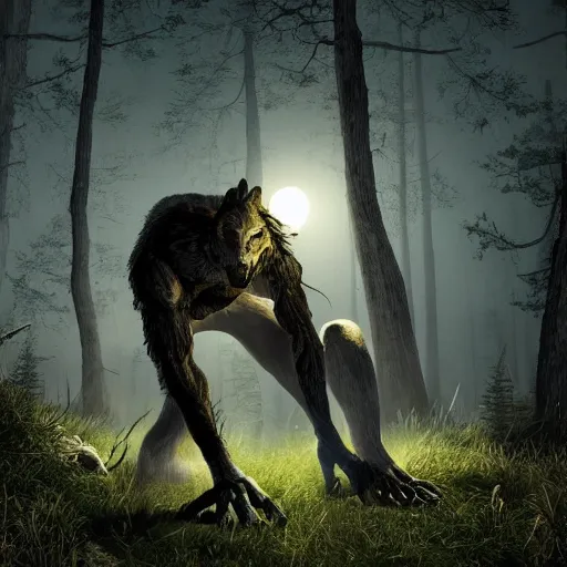 Image similar to man ripping off his skin turning into a werewolf, forest scenery, full moon, illuminated lighting, highly detailed, 4 k