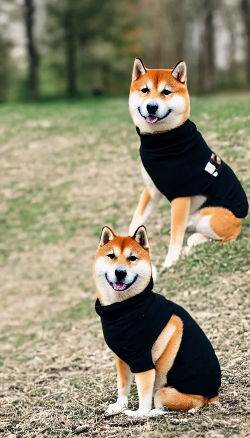 Image similar to a portrait shiba inu wearing a a black turtle neck and wearing a black barret, looking at the camera, bokeh, depth of feild, dslr photo