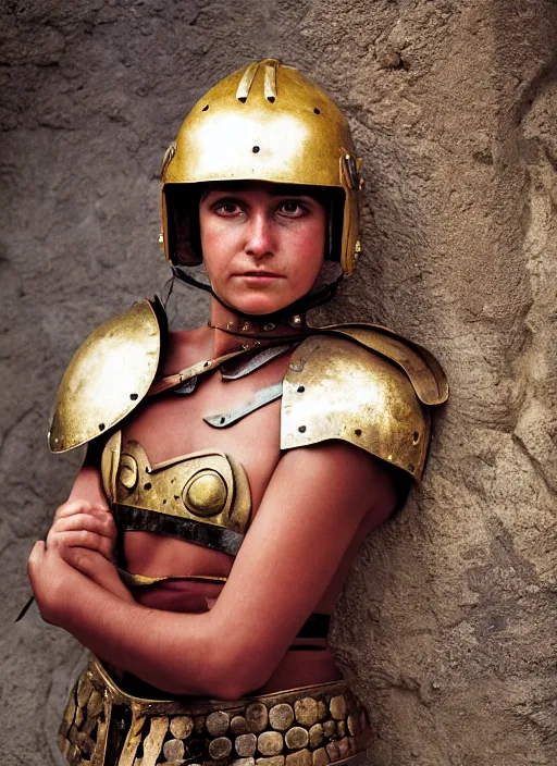 Prompt: portrait of beautiful young woman dressed gladiator with helmet and armor, color photograph by steve mccurry