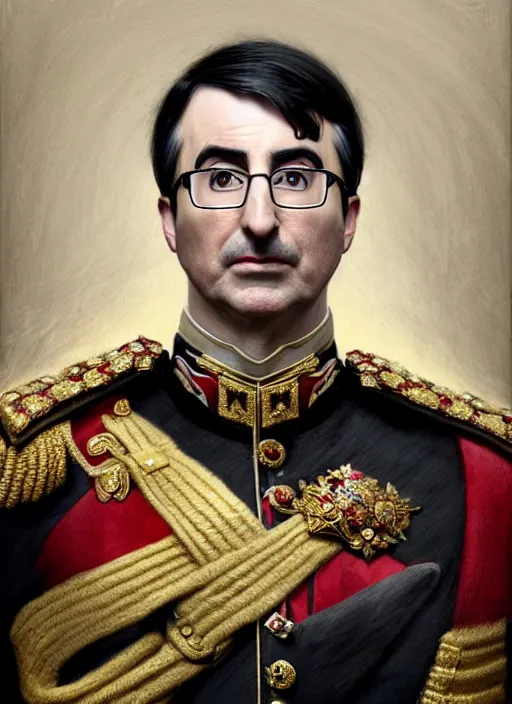 Image similar to portrait of supreme leader john oliver, royalty, extravagant, lord, full body, military uniform, fantasy, intricate, elegant, beautiful, highly detailed, charcoal, centered, dark, smokey, digital painting, artstation, concept art, art by artgerm and greg rutkowski and alphonse mucha