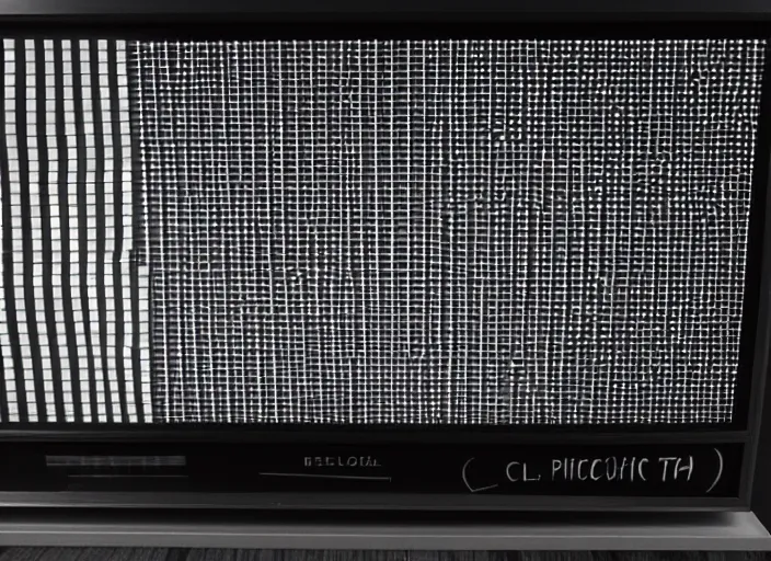 Prompt: high resolution black and white portrait with a 3 5 mm f / 5. 0 lens of a vintage 1 9 8 4 television set with soviet union test card signal interference. a bit of a person can be seen on the screen.