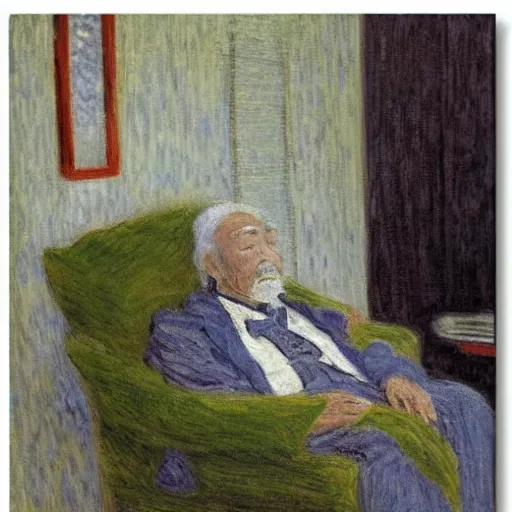 Image similar to japanese old man sleeping on arm chair in his living room by monet