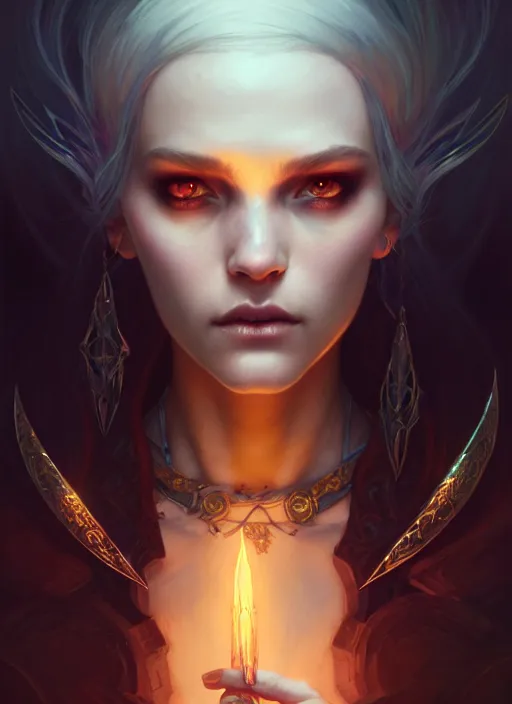 Image similar to Necromancer Sorceress, fantasy magic, undercut hairstyle, dark light night, intricate, elegant, sharp focus, illustration, highly detailed, digital painting, concept art, matte, art by WLOP and Artgerm and Greg Rutkowski and Alphonse Mucha, masterpiece