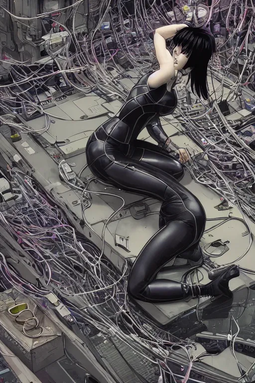 Prompt: coherent motoko kusanagi kneeling on a white in style of masamune shirow, empty floor, with a mess of wires and cables coming out of her head and backside, by Yukito Kishiro and katsuhiro otomo, illustration, cyberpunk, hyper-detailed, colorful, complex, intricate, masterpiece, epic
