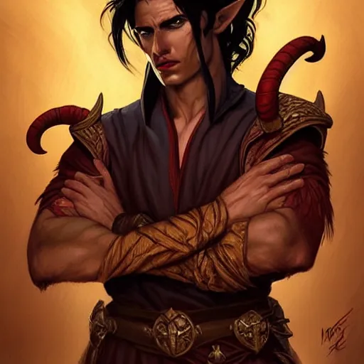 Image similar to an epic fantasy comic book style portrait painting of a male teifling rouge in dark tunic, with medium long dark hair, d & d, fantasy, intricate, elegant, highly detailed, digital painting, artstation, concept art, matte, sharp focus, illustration, art by artgerm and greg rutkowski and alphonse mucha