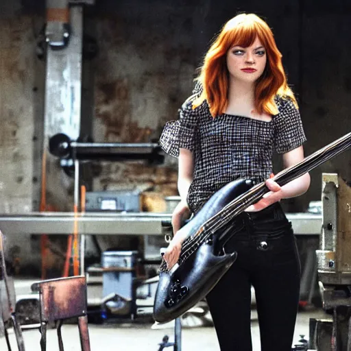 Prompt: Emma Stone playing bass in an old steel mill