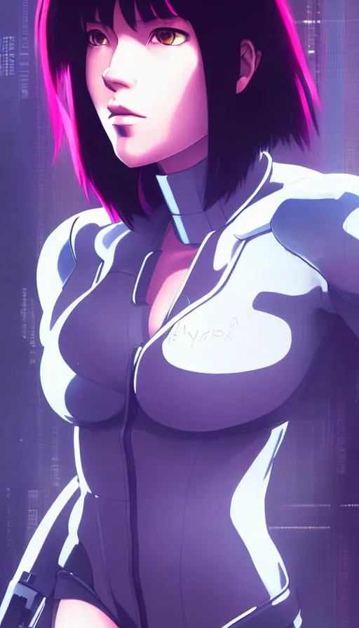 Image similar to a still fullbody portrait of motoko kusanagi ghost in the shell, finely detailed features, closeup at the faces, perfect art, at a cyberpunk city, gapmoe yandere grimdark, trending on pixiv fanbox, by ilya kuvshinov, rossdraws, artgerm