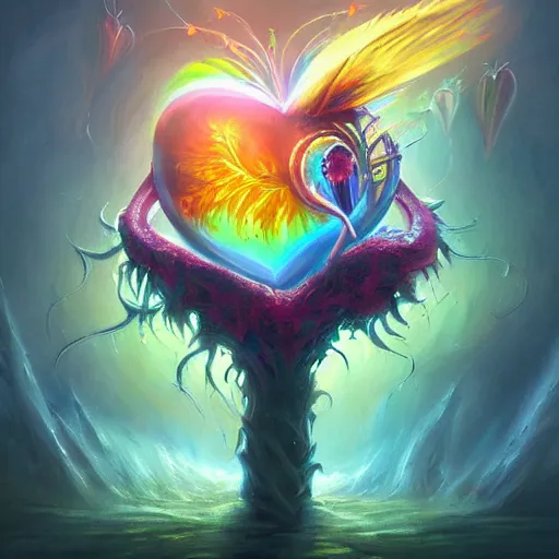 Image similar to a beautiful painting by Tyler Edlin and Anato Finnstark of a heart bursting out of a rib-cage and turning into rainbows and sunflowers, neon pastel color palette, soft feminine elegant, trending on artstation hq