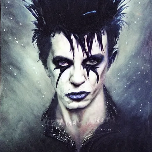 Prompt: stunning portrait of gaunt billy idol a ( the cure fan ) as dream from sandman, dim stars as eyes, by jeremy mann, by cedric peyravernay, by by russ mills, by richard avedon and ben templesmith, dramatic lightning, sadness, dark eye sockets, in the shadows, punk rock, gothic, high detailed, 8 k