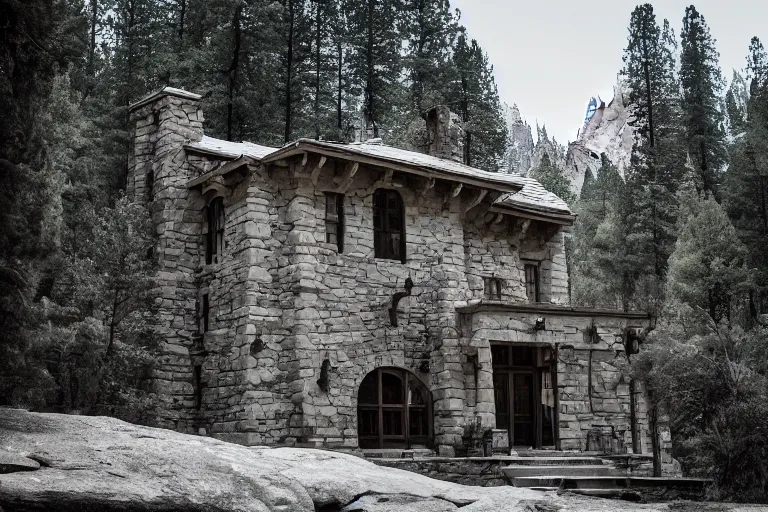 Prompt: old man and his beautiful stone mansion in Yosemite by Emmanuel Lubezki