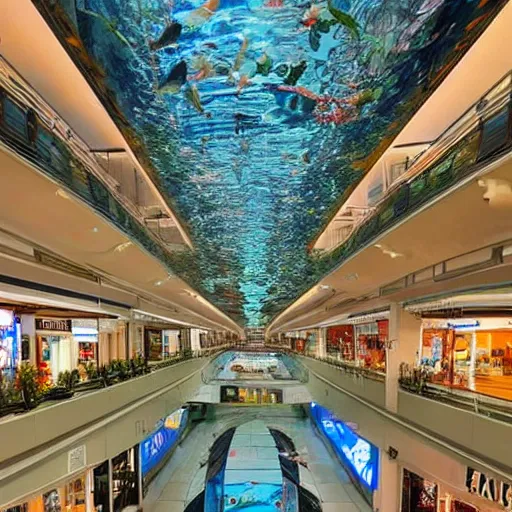 Prompt: photo of inside a shopping mall the inside is flooded with over 2 0 meters depth of clear water, highly detailed.