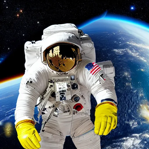 Image similar to astronaut in space, galactic background reflections on suit on one side and a yellow planet on the other side