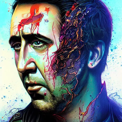 Prompt: beautiful portrait of Nic Cage cyberpunk by Tristan Eaton and Stanley Artgerm and Tom Bagshaw, Greg Rutkowski Carne_Griffiths