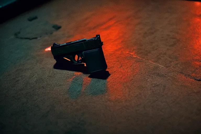 Image similar to film still of closeup pistol taped to the bottom of table, cinematic, moody, gritty neon noir by emmanuel lubezki