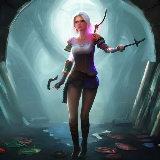 Image similar to Long Shot of ciri in mysterious astral temple jumpin with pistol in river of chromatic SPIRITS , beautiful, dmt, trending on artstation, omnious, soft, hypermaximalistic, high details, cinematic, 8k resolution, artwork by Wong, Liam