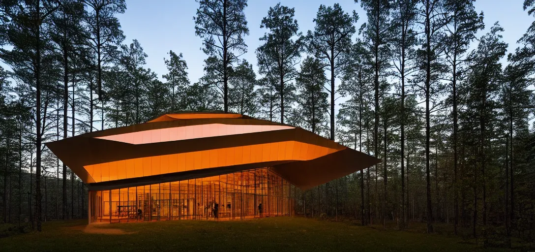 Image similar to faceted roof planes lift and descend creating shade and architectural expression, highly detailed, situated in the forest, next to a highly reflective lake, at dusk, vivid color