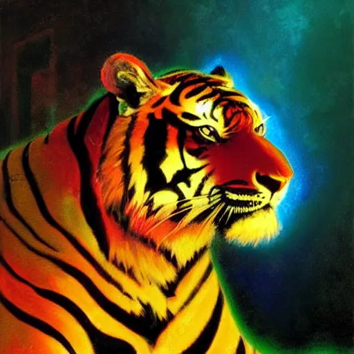 Prompt: a tiger dark and colorful close - up of a sci - fi mecha tiger robot with led lights glowing fog in the background. highly detailed science fiction painting by norman rockwell, frank frazetta, and syd mead. rich colors, high contrast, gloomy atmosphere, dark background. trending on artstation