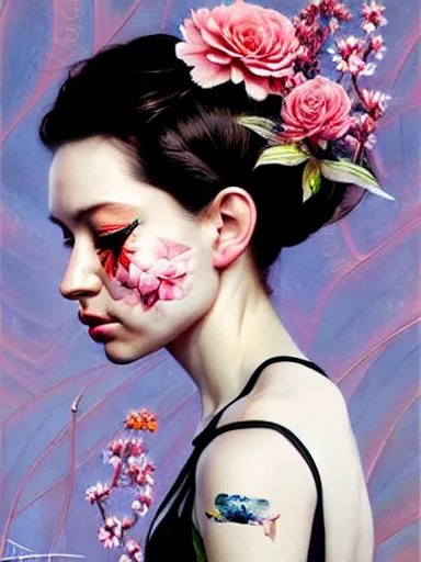 Image similar to portrait of elizabeth bert with a floral background : : painted by artgerm, karol bak, artur bordalo, sandra chevrier : : portrait, character, illustration, hyperrealism, photorealism