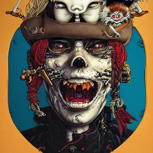 Prompt: portrait of crazy pirate with patch on one eye, symmetrical, by yoichi hatakenaka, masamune shirow, josan gonzales and dan mumford, ayami kojima, takato yamamoto, barclay shaw, karol bak, yukito kishiro