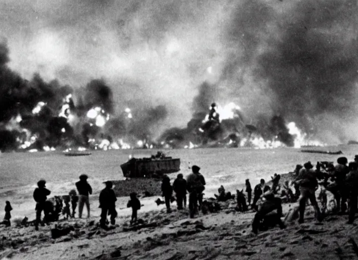 Image similar to vintage photo of a pizza party on omaha beach in normandy with explosions and battle in the background