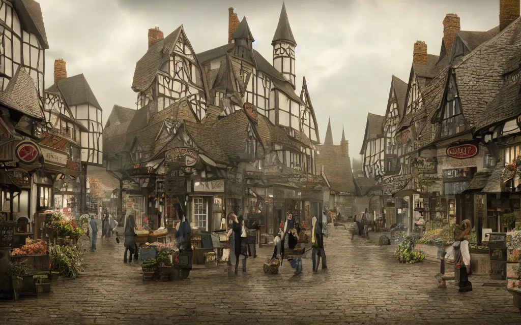 Image similar to at the market of a medeveil english town with mist, highly detailed, cinematic lighting, render, fantasy