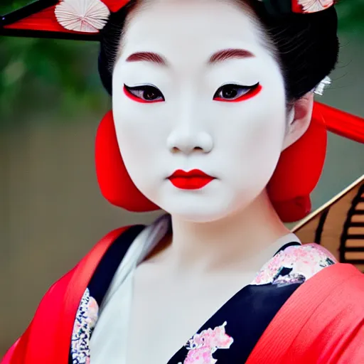 Image similar to gorgeous Japanese geisha, white makeup, red lips, kimono, full body, kyoto, high detail,