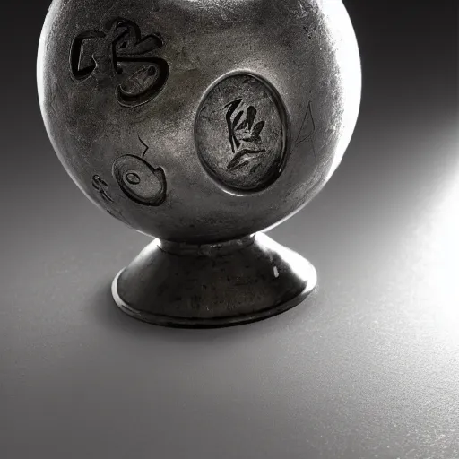 Image similar to an iron ball with weird symbols engraved on it, the ball is on a pedestal. the light enter the room by a hole in the ceiling. closeup. anne rice.