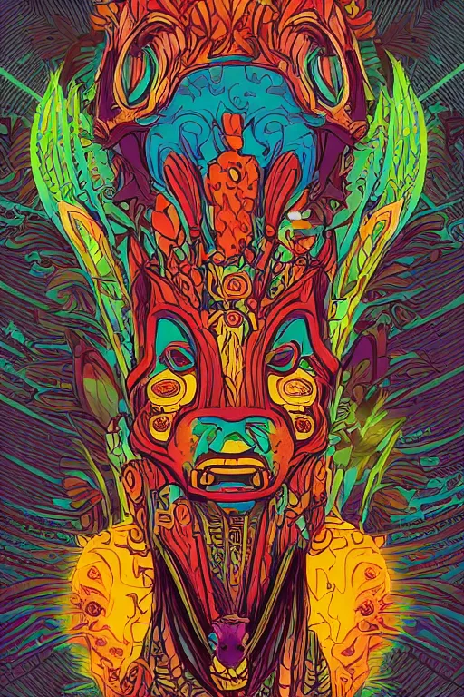 Image similar to animal mask totem roots flower tribal feather gemstone plant wood rock shaman vodoo video game vector cutout illustration vivid multicolor borderlands comics by josan gonzales and dan mumford radiating a glowing aura