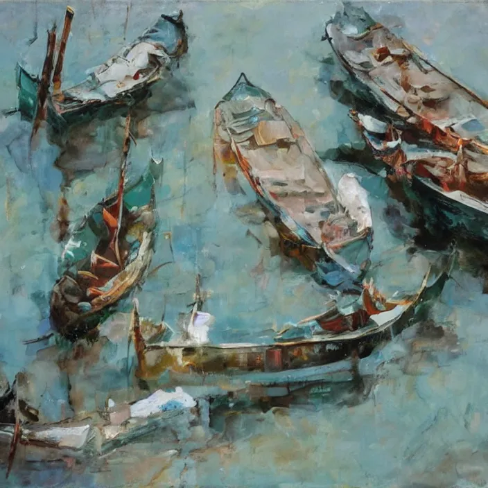 Image similar to venetian gondolas in the style of dali, pastel colors, chiaroscuro, bleached colors, cold shades, perfect beautiful, palette knife, surreal