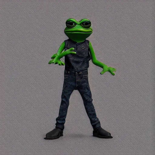 Image similar to perfectly accurate miniature figure of pepe the frog wearing jeans and a black leather jacket, soft textures, skin texture, clothing, 3d sculpture, textured, fine detail, lifelike, photo, high resolution, octane render, post processing, after effects, trending on artstation