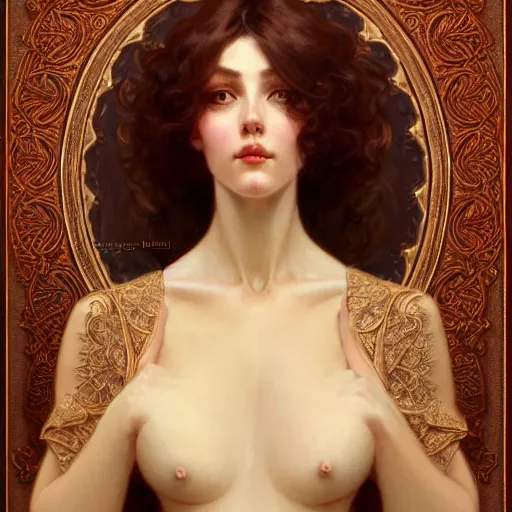 Image similar to character portrait of a modest woman, tall, feminine, powerful, modestly clothed, voluminous, intricate, elegant, highly detailed, digital painting, artstation, smooth, symmetrical, sharp focus, illustration, art by gaston bussiere and alphone mucha